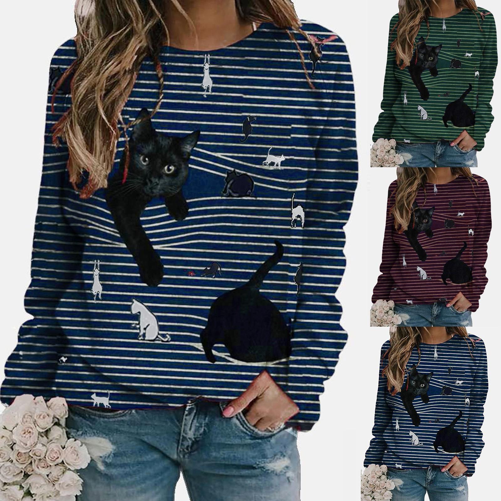 

Women Stripe 3D Cat Printing Long Sleeves Pullover Blouses Easy Tops