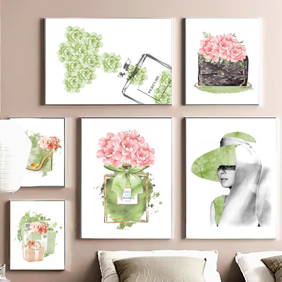 Paris Perfume Nordic Posters Prints Bottle Flower Handbag Girl Fashion Art Canvas Painting Wall Pictures for Living Room Decor No Frame