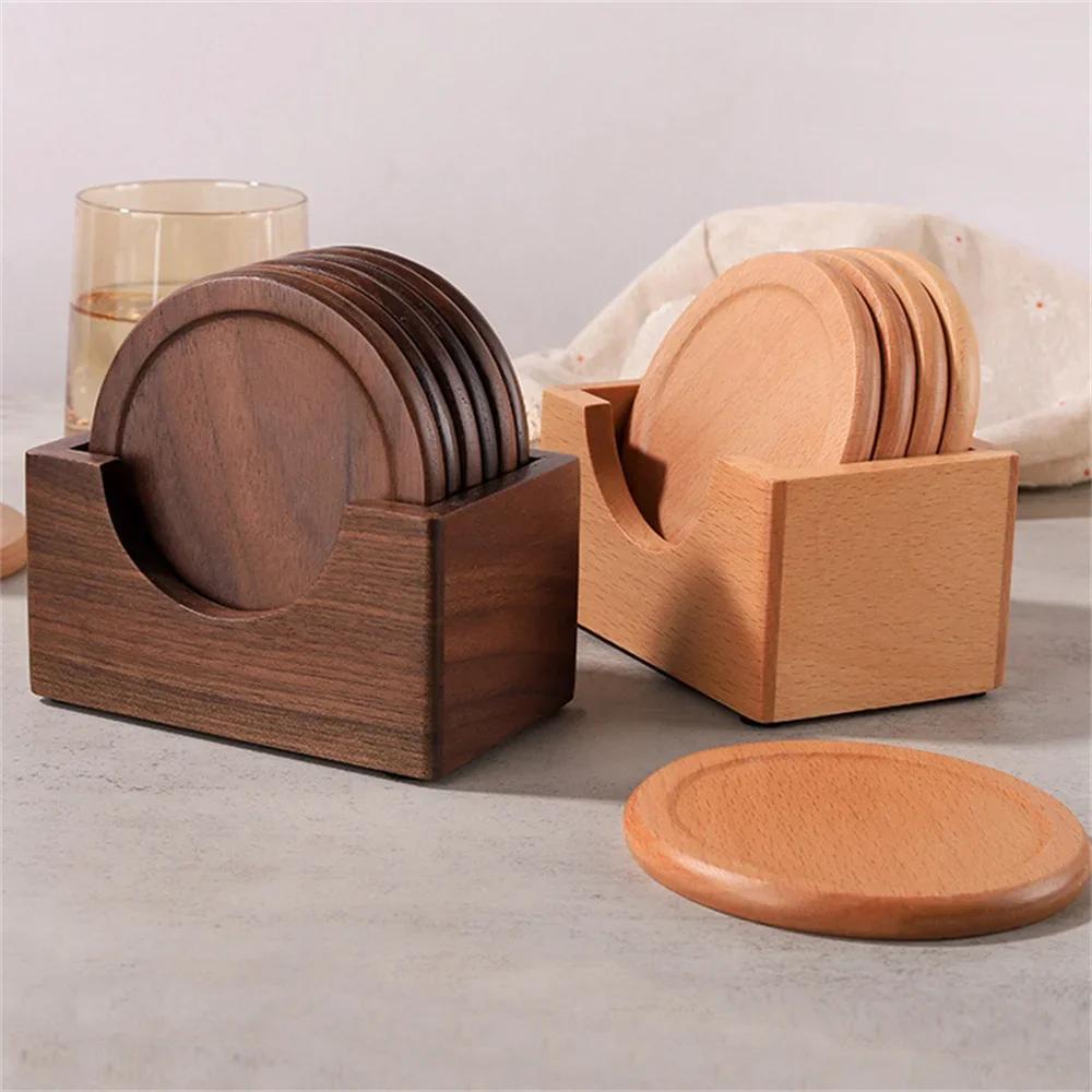 6pcs/set Free Custom Carved Walnut Wood Coasters Placemats Decorative Round Insulated Japanese Beverage Coasters Home Decor