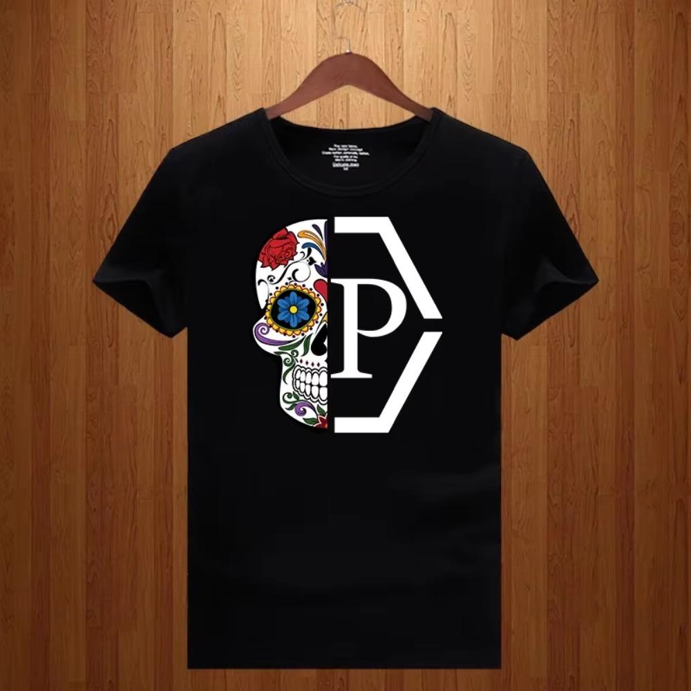Luxusmarke Halber Schädel Blume Gedruckter Buchstabe Herren und Damen 2023 Neues Lockeres Kurzarm-T-Shirt Rundhals Print T-Shirt