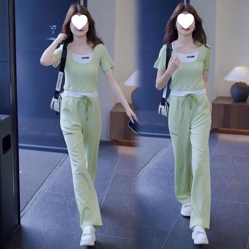 Short-sleeved Casual Sports Suit for Women Summer Splicing Fashionable Temperament Fake Two-piece Top Wide-leg Pants Two-piece Set