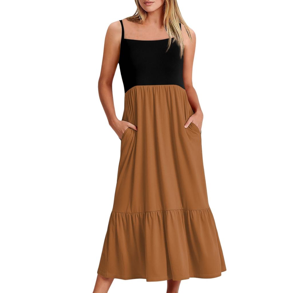 Women's Long Beach Casual Elegant Spaghetti Strap Maxi Dress Stitching Low-key Flowing Bohemian Dress