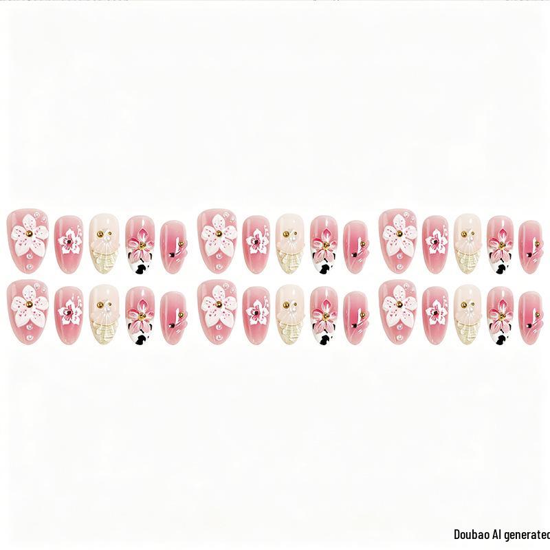 European & American Almond Shape 3D Pink Flower False Nails with Stickers