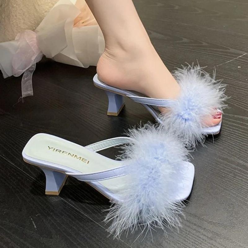 Fashion Outside Heeled Women's Slippers and Ladies Sandals High Quality Designer Luxury Slides Chic Elegant Small Size 2025 Trend Shoes