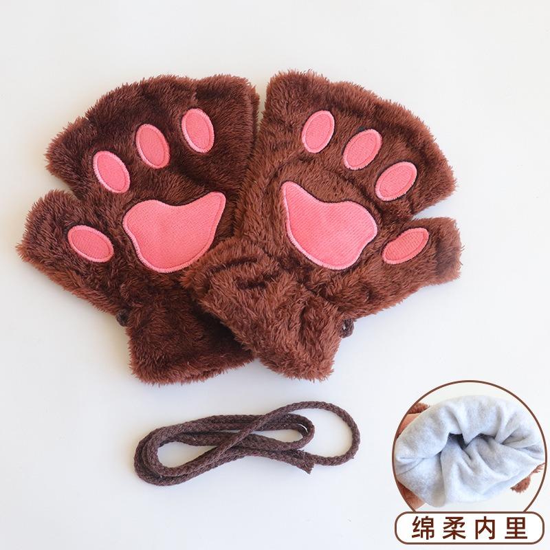 Cute cat claw gloves women's autumn and winter warm and cold-proof plush half-finger gloves thickened and velvet student writing leaking fingers