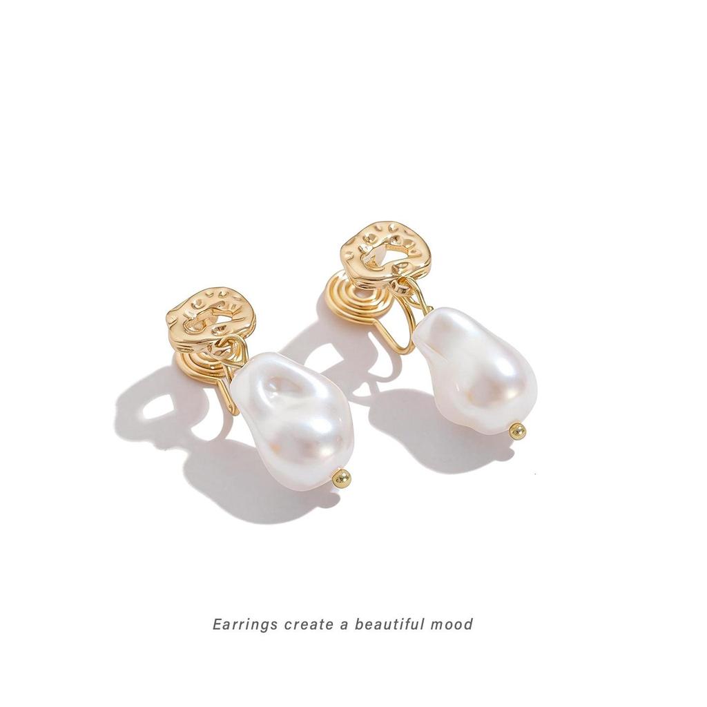 Retro Geometric Faux Pearl Dangle Earrings, Irregular Stud Design for Women, Clip-On for Non-Pierced Ears
