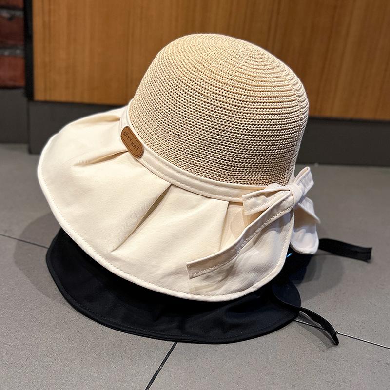 

Korean Style Women s Wide Brim Knit Straw Sun Hat with Back Slit and Letter Label - Beach Sun Protection Adjustable бежевый