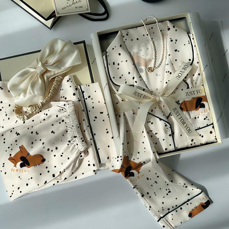 Ice Silk Thin Style Women'S Long-Sleeved Pajamas Spring And Autumn Cartoon Brown Puppy Polka Dot Print Loungewear