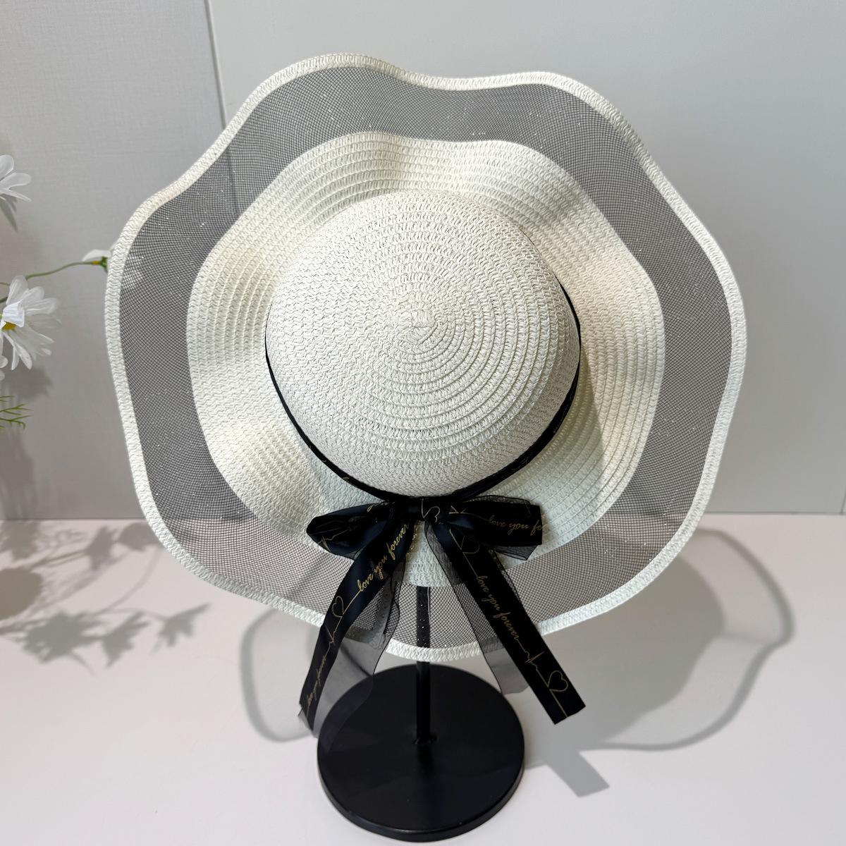 

Big-brimmed straw hat women s summer beach vacation sun hat seaside outing lace streamer photo sun hat M（56-58cm）