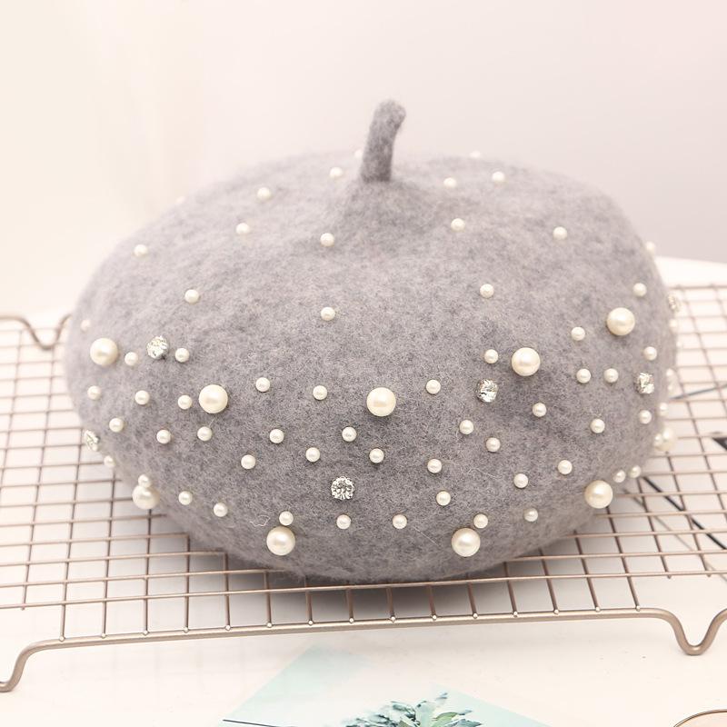 Perlwoll-Baskenmütze Damen Winter Britisch Retro Woll-Achteckmütze Vielseitige Kürbismütze