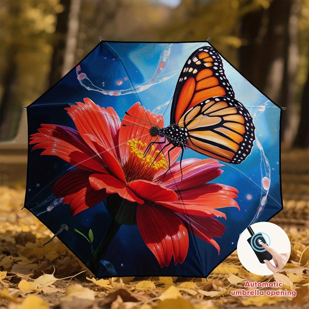 

1pc Open/Close Compact Umbrella with, Auto-Dome Button & Wind-Resistant 8-Rib Frame - Monarch Butterfly & Red Flower Umbrella (as the picture,Iron&8K)