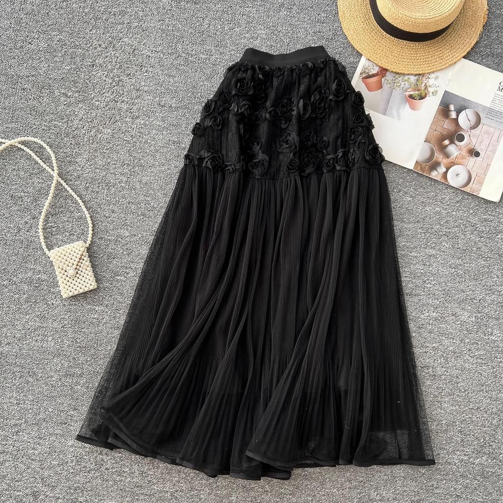 DIMANAF 2025 Sommer Frauen Neue Röcke Vintage Elastische Plissee Elegante Weiße Lange Röcke Spitze