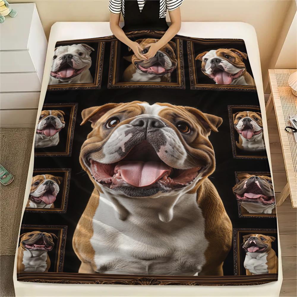 1Pc Bull Dogs Print Flannel Blanket, High quality Comfortable for All Seasons, Home Decor, Warmth and Comfort, Perfect for Christmas Gifts