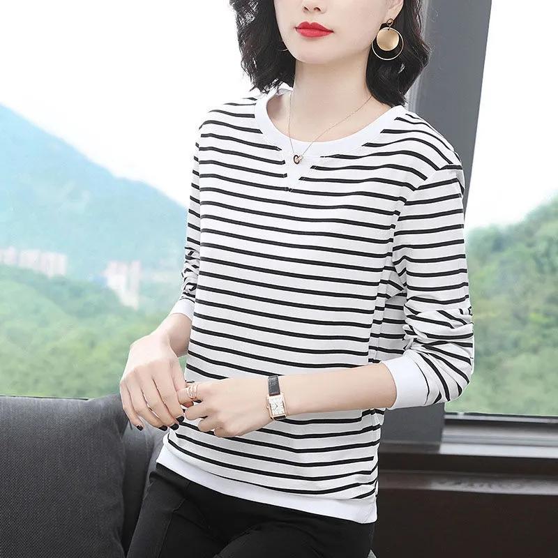 WTEMPO Dámský jarní pruhovaný svetr s dlouhým rukávem, velká velikost, dámský volný bavlněný kulatý výstřih, ležérní topy, velká velikost