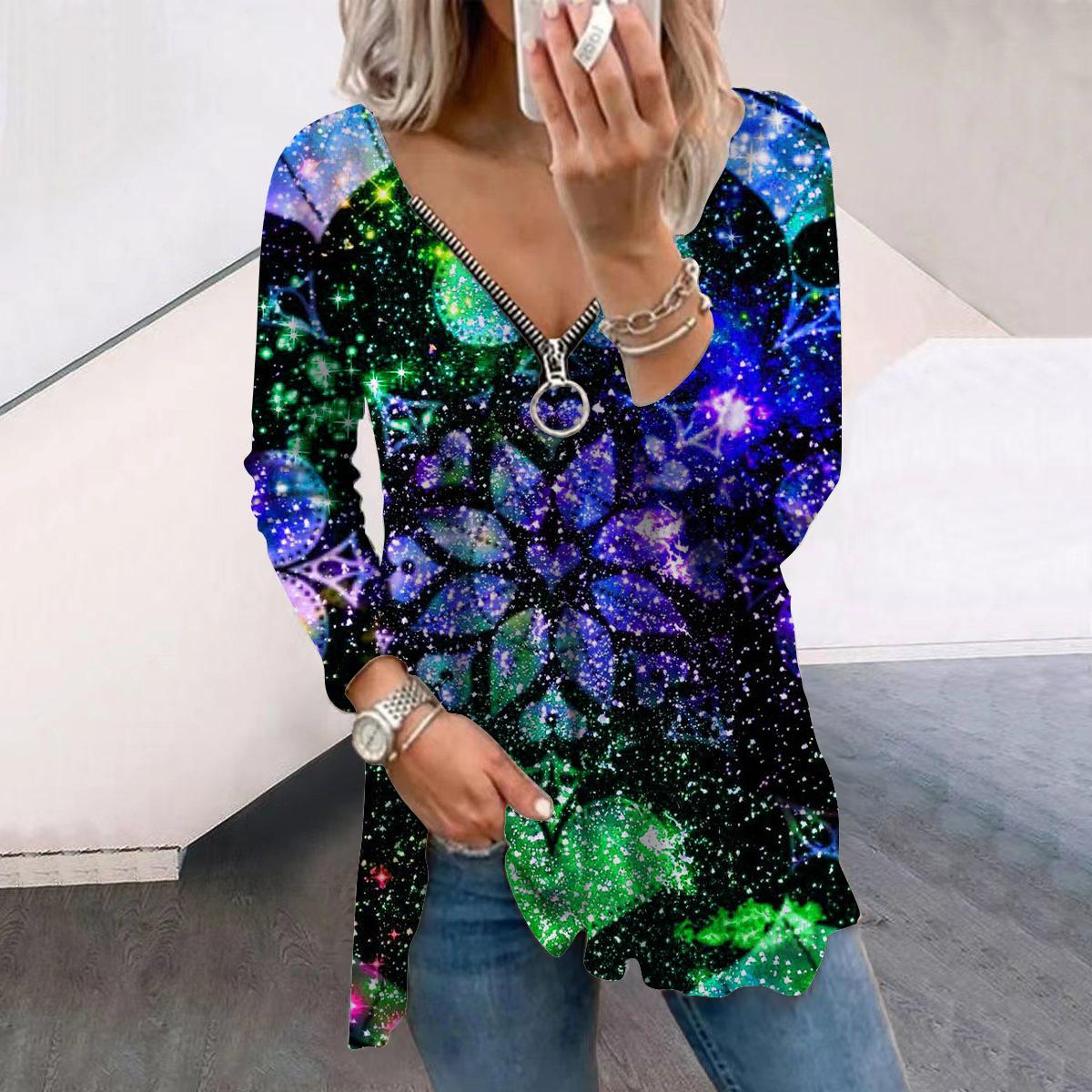 

Женские осенние красочные креативные футболки с длинным рукавом с цветочным принтом, свободные футболки больших размеров с V-образным вырезом, удобные блузки 6XL синий