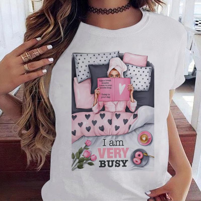 Women's Top Urban Girl Printed Casual White Cute Simple Retro Front Shoulder Pure Cotton Short Sleeved T-Shirts Women’s