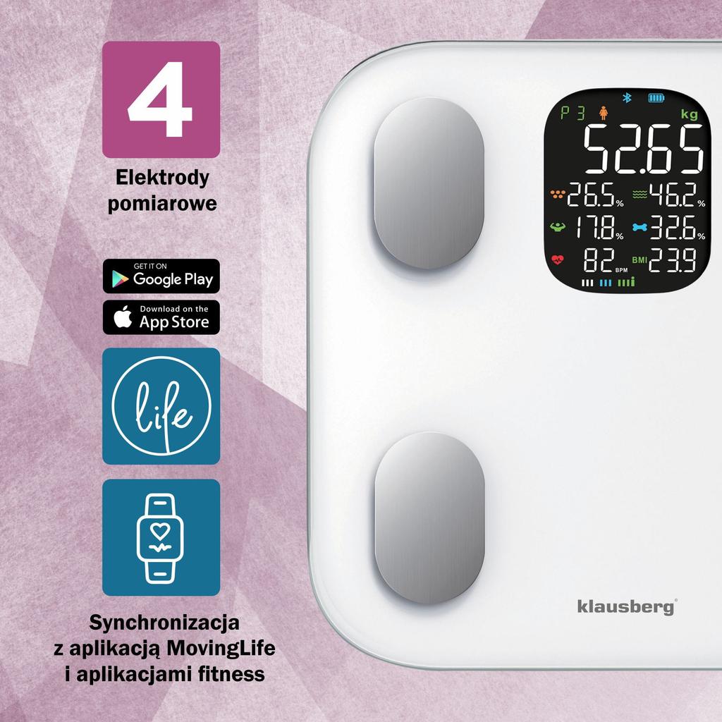 Waga łazienkowa z pomiarem tkanki tłuszczowej i składu ciała, Smart, BT, KLAUSBERG KB-7855 biała