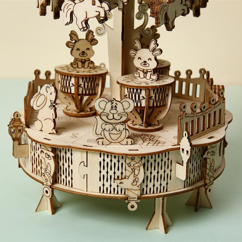 DIY Assembly 3D Wooden Vintage Carousel Music Box Romantic Rotating Ornament Decor Mechanical Kits Toys Gifts for Kids