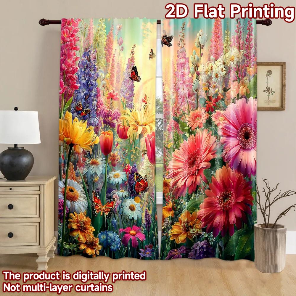 2D flat printing 2pcs Curtain Colorful Butterfly Flower Garden Digital Printed Polyester Drapes Festive Wall Decor Use for