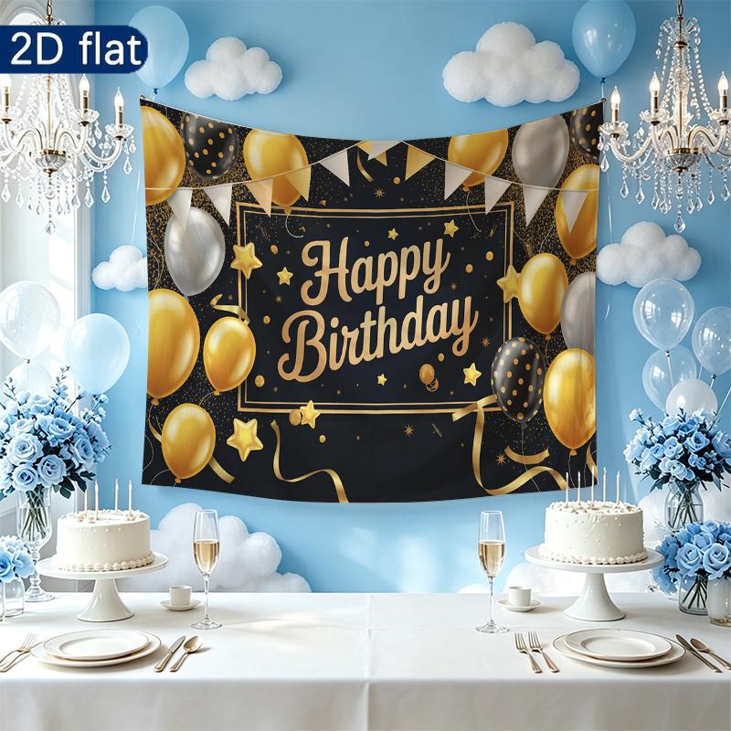 Birthday Party Flowers Butterflies Balloons Banner, Pastel Polyester Backdrop for Wall Hanging Decor