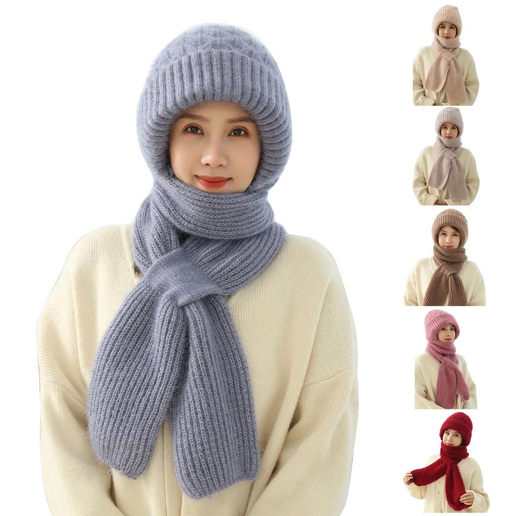 2-in1 Soft Warm Scarf Cap Crochet Hooded Scarf Hat for Skiing Hiking Universal Lady Windproof Shawl Hat with Neck Covers