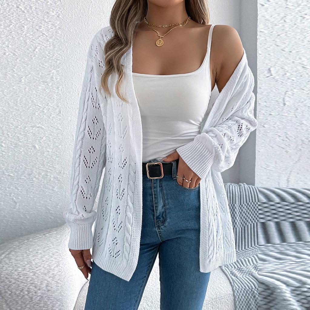 Damenmode, lässig, einfarbig, hohl, langärmelig, Strickjacke, Pulloverjacke