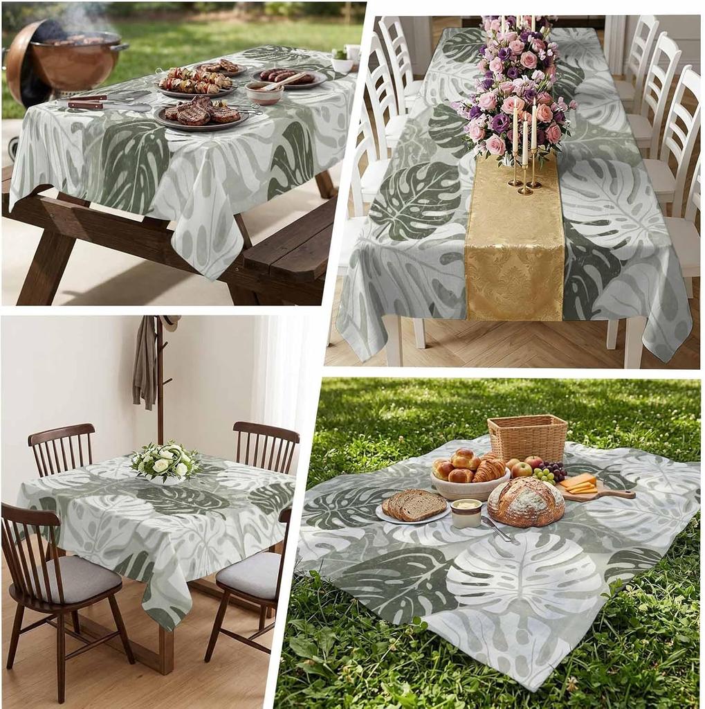 Green Monstera Summer Tablecloth Waterproof Rectangle Abstract Country Botanical Printed Tables Cover for Kitchen Wedding Party