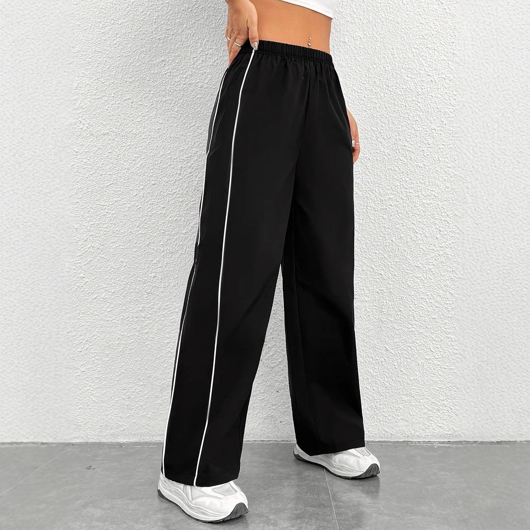 

Women Elastic Waist Loose Fit High Waist Straight Leg Pants with Pockets Casual Sporty Wide Leg Trousers for Everyday Wear S чёрный