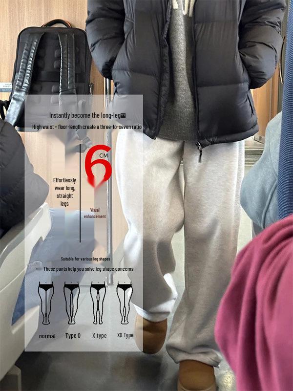 Women's Gray Fleece-Lined Sweatpants, 2025 Early Autumn Style, Straight-Leg, Petite, Wide-Leg Activewear.