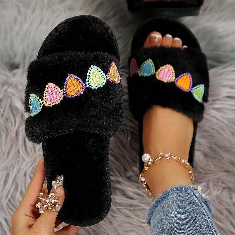 Fashion Heart Embroidery Cotton Slippers Women Black Slip On Light House Cotton Slippers Woman Soft Faux Fur Flat Heel Fur Slides Female