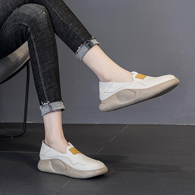 Breathable Round-toed Top Layer Cowhide Soft-soled Single Shoe Thick-soled Cake Casual Shoes