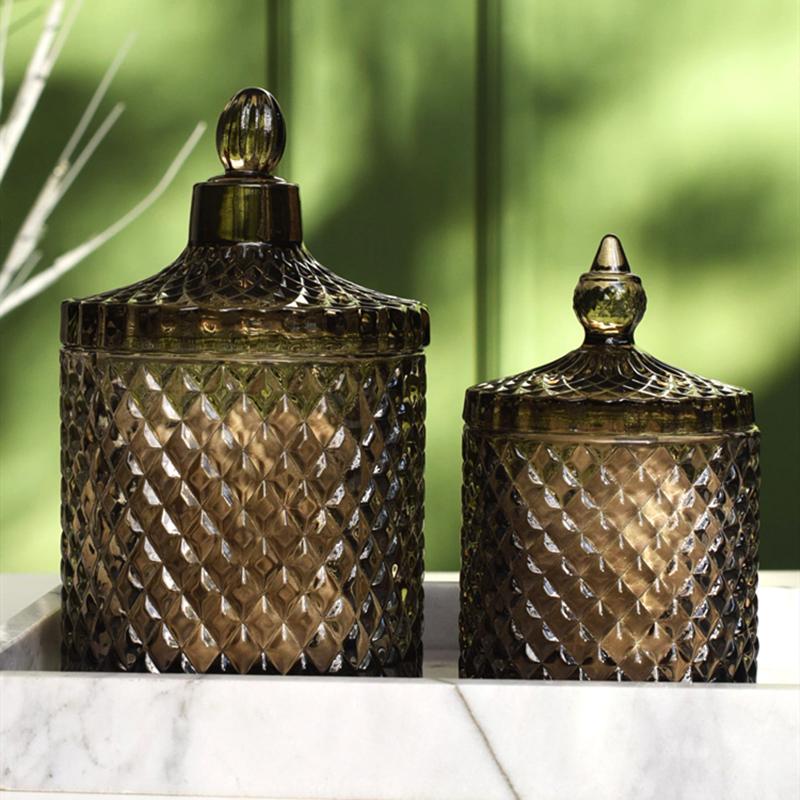 Dark Grey Crystal Glass Storage Jar with Cover Canned 600ML Diamond Cans Sugar Cotton Swab Box Household Organizer Decoration