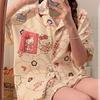 Japanese Princess Style Cartoon Kitty Cat Pajamas Women's Summer Short-sleeved Shorts Cardigan Set Women Ins Loungewear