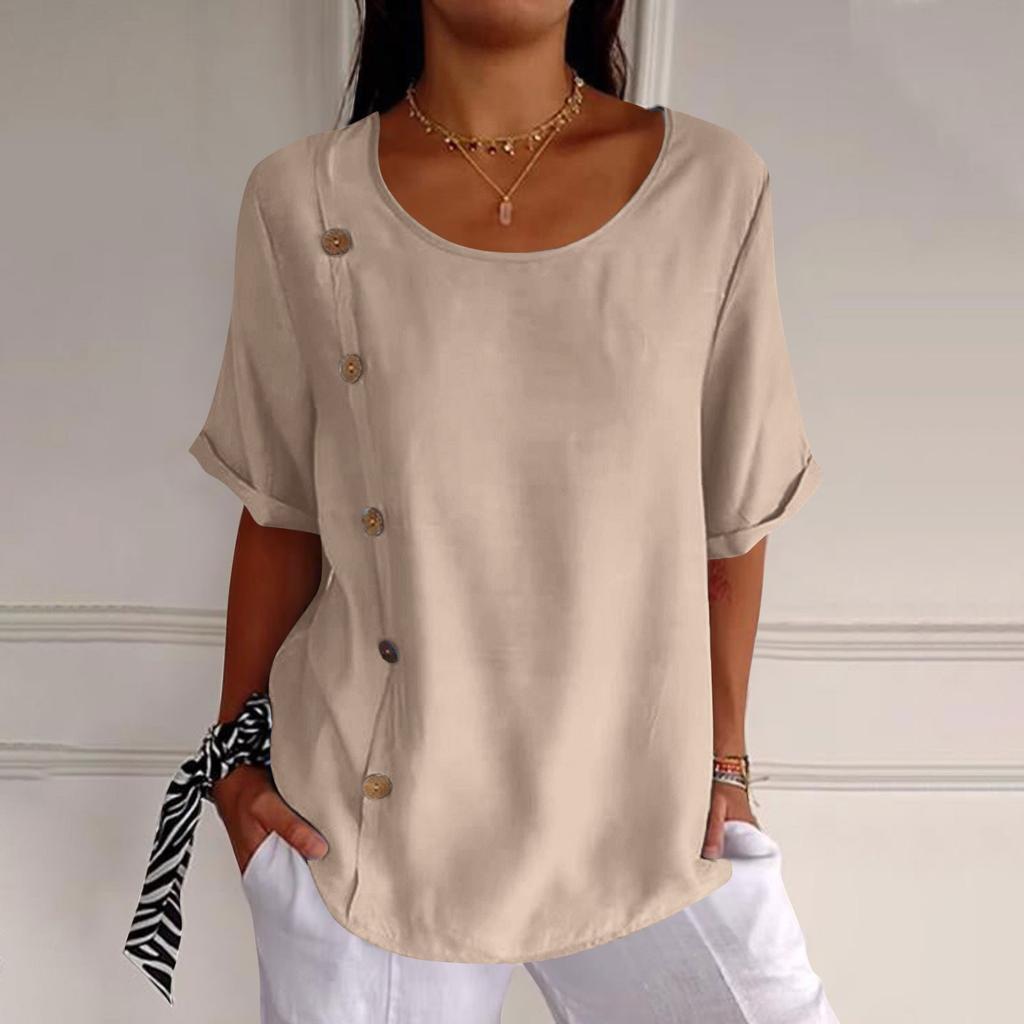 T-shirty z krótkim rękawem i dekoltem w kształcie litery "o" dla kobiet modne topy lekka, miękka, letnia koszula na co dzień z guzikami