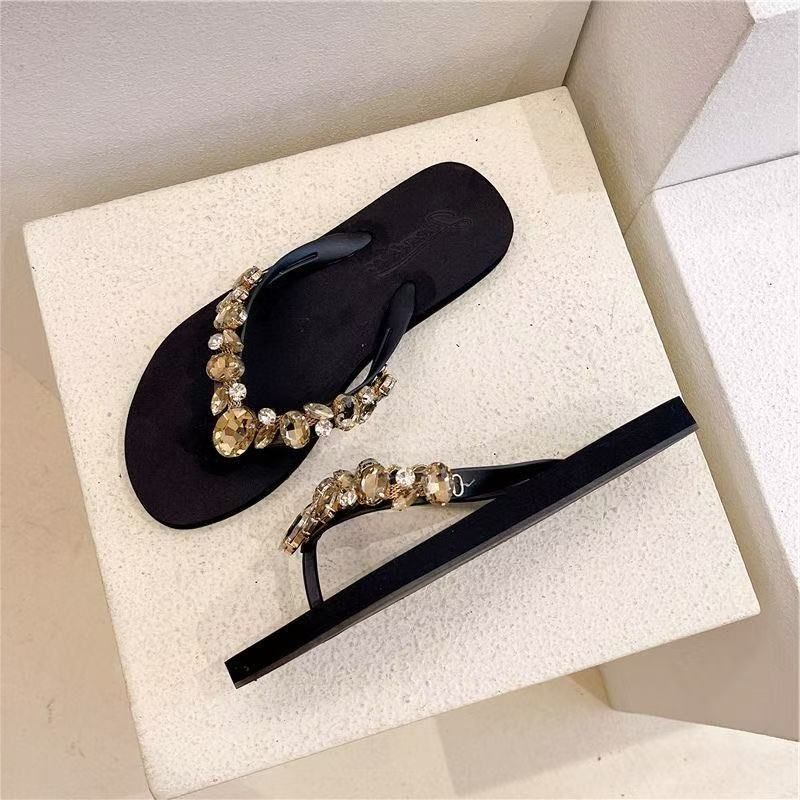 Summer rhinestone slippers women summer wear beach shoes clip drag cool slippers slope heel flip-flops women