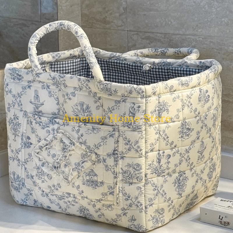 F26C Floral Pattern Quilted Cotton Storage Basket Foldable Lightweight with Handles for Home Laundry Toy Organization