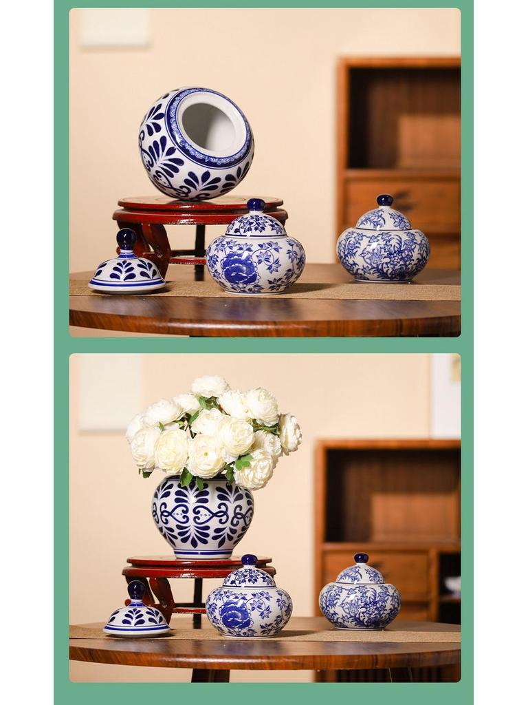 Blue and White Porcelain Flower Vase - Ceramic Tea Can Storage Jar for Home Decor