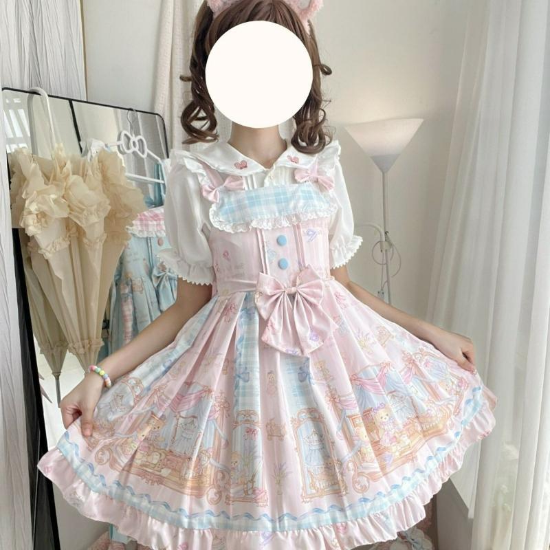 Japanese Sweet Lolita Jsk Dress Kawaii Lace Ruffles Bow Cartoon Print Slim Princess Dresses Girls Y2k Cute Tea Party Mini Dress