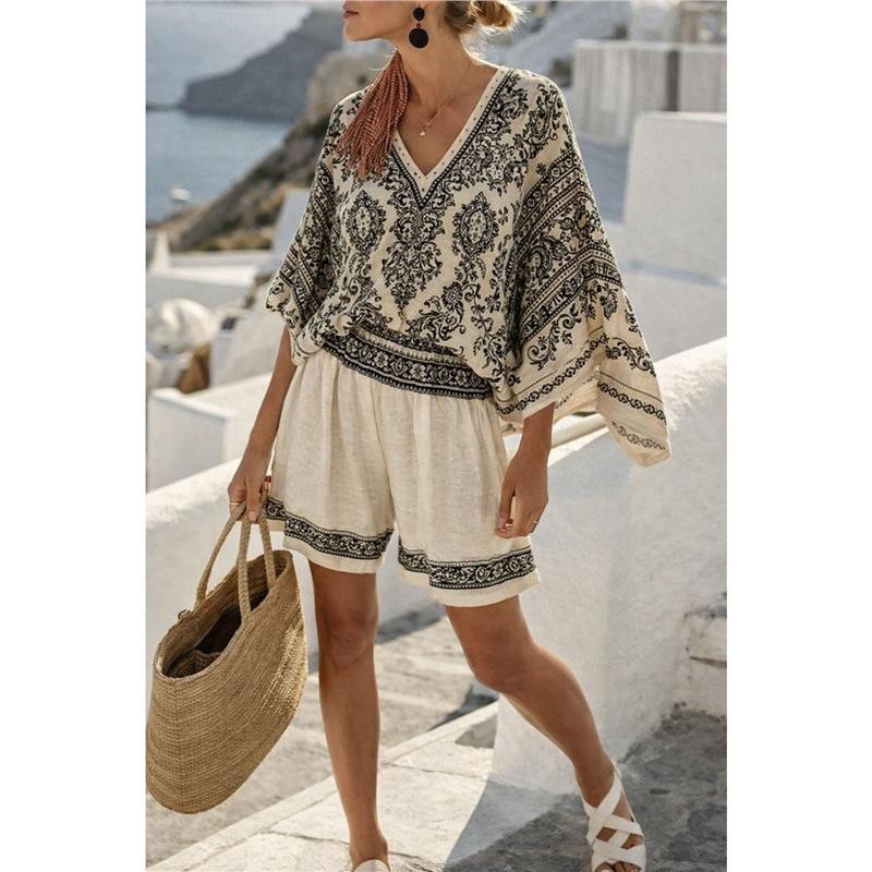 16 European and American summer printed beach blouse vacation casual bikini beach bat sleeve set