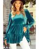 Azura Exchange Sea Green Velvet V Neck Peplum Hem Puff Sleeve Blouse