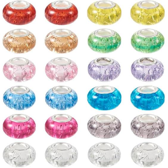 KISSITTY 66Pcs Assortment European Resin Beads Glitter Large Hole Bead Mixed Colors Platinum Cores Rondelle Mixed Color Spacer Beads for Jewelry