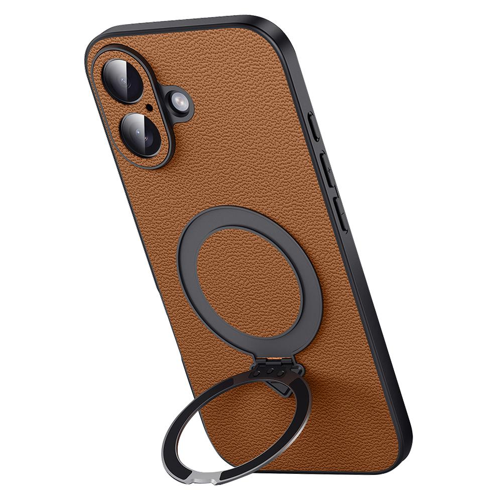 For iPhone 16 Plus Case Compatible with MagSafe Genuine Cow Leather+PC Kickstand Phone Cover