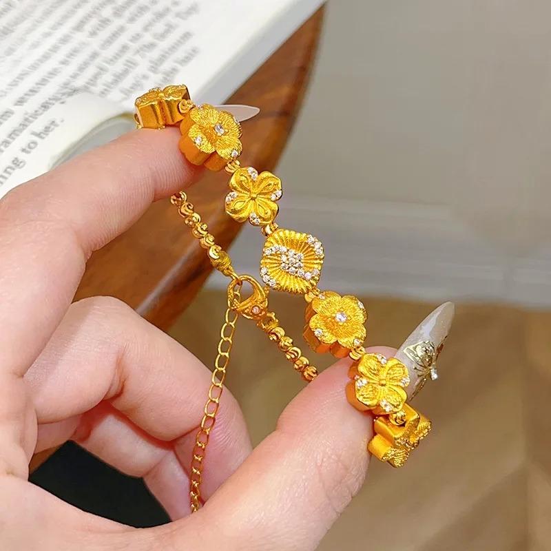 9999 24K Real Gold Dot Diamond Brushed Streamer Bead Bracelet with Flowers Blooming Flowers and Bracelets for Girlfriend
