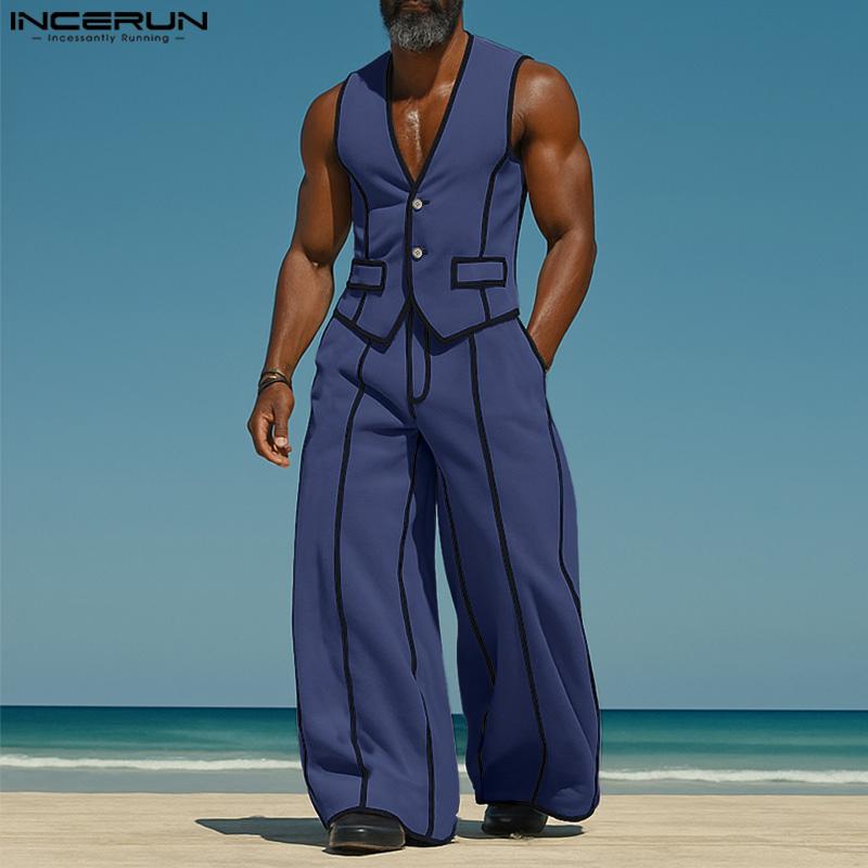 INCERUN 2PCS Men Sleeveless Stitching Waistcoat and Long Pants Outfits Sets