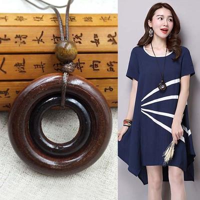 Pendant Round Sweater Chain Wooden Retro Ethnic Sweater Neck Accessories Women Girls