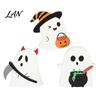 Whimsical Halloween Table Decor 3Pcs Sweet Ghost Decor, Wooden Cute Figurines with Candy Rustic Tabletop Pumpkin & Cauldron, Centerpiece for