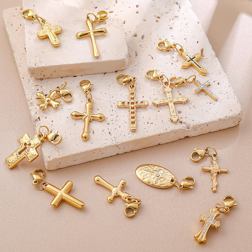 Personalized Retro Style Engraved Three-Dimensional Cross Series Lobster Buckle Pendant Stainless Steel Gold Diy Accessories