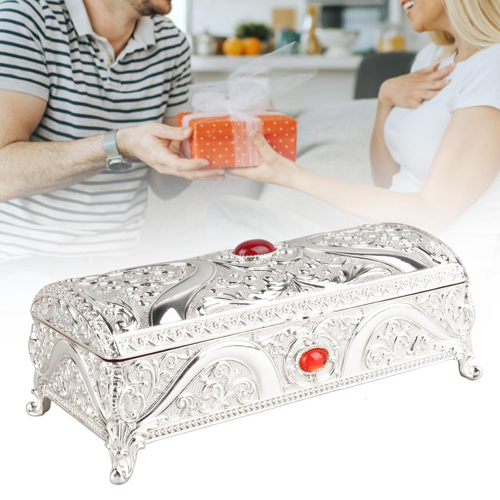 Vintage Metal Jewelry Box Rectangle Delicate Pattern Trinket Box with Soft for Rings Rrings