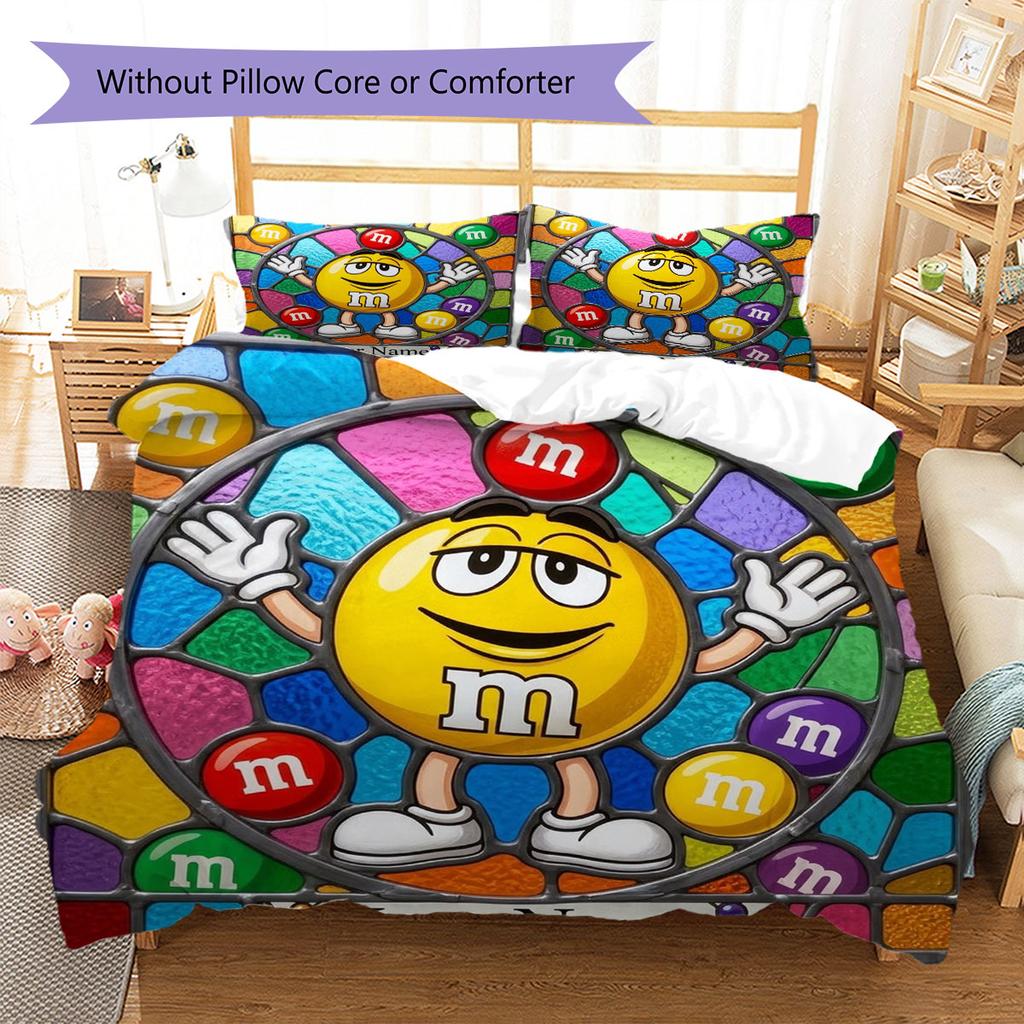 M&M's Bettwäsche mit individuellem Namensmuster, Steppbett-Set, Bettbezug, Kissenbezug, Heim-Geburtstagsgeschenk(1 Bettbezug + 2 Kissenbezüge, ohne Füllung)