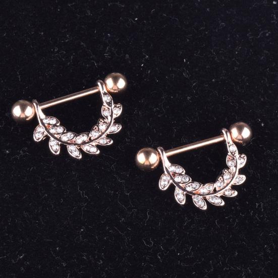 1Pc Women Rhinestone Inlaid Leaf Barbell Nipple Ring Body Piercing Jewelry Gift